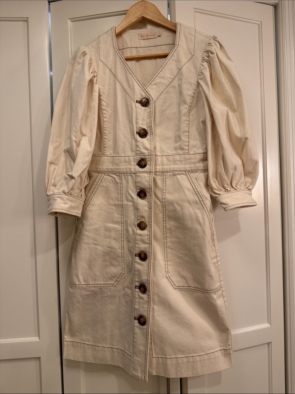 Tory Burch Cream Button-Front Dress with Puff Sleeves